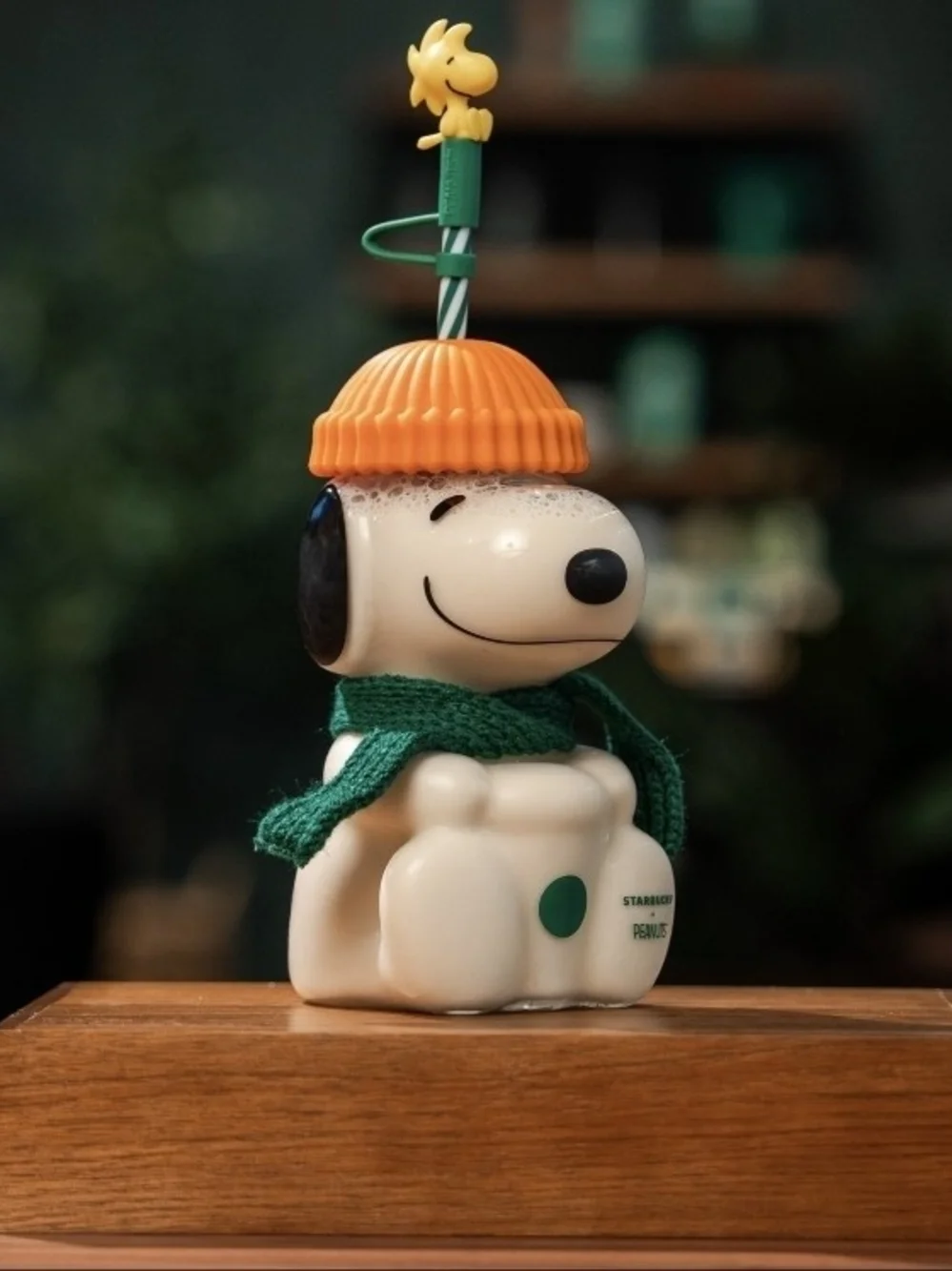 Starbucks Orange-Top Snoopy Glass Cold Cup with Green Scarf